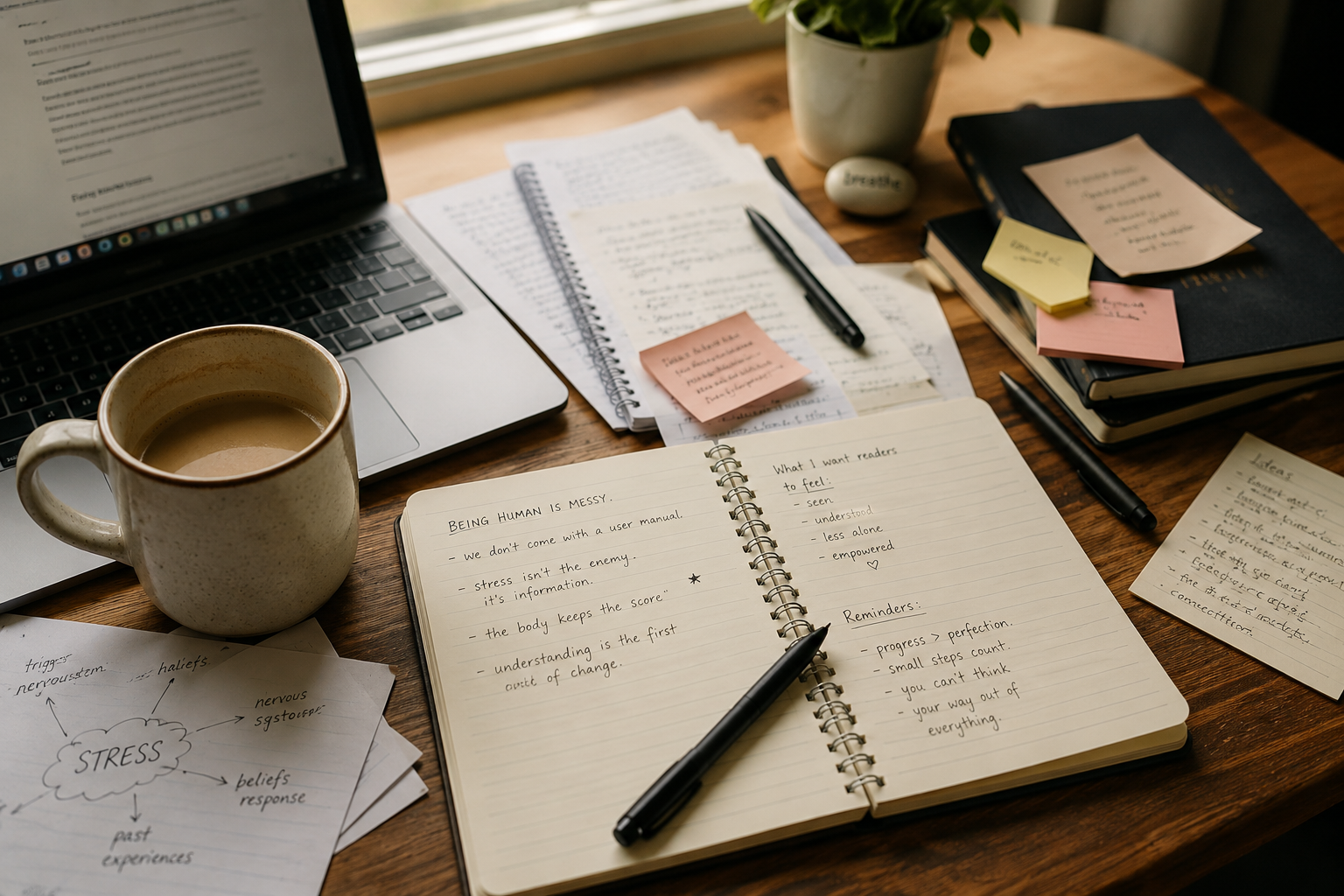 Slightly messy writing desk with coffee, notebook, handwritten notes, and laptop