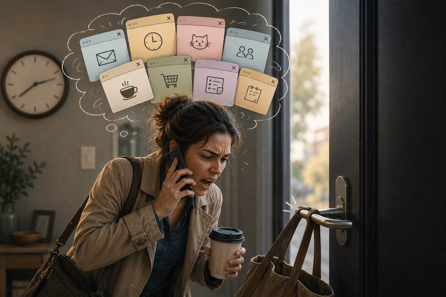 Stressed woman on the phone with a bag caught on a door handle while multiple tasks compete for her attention.