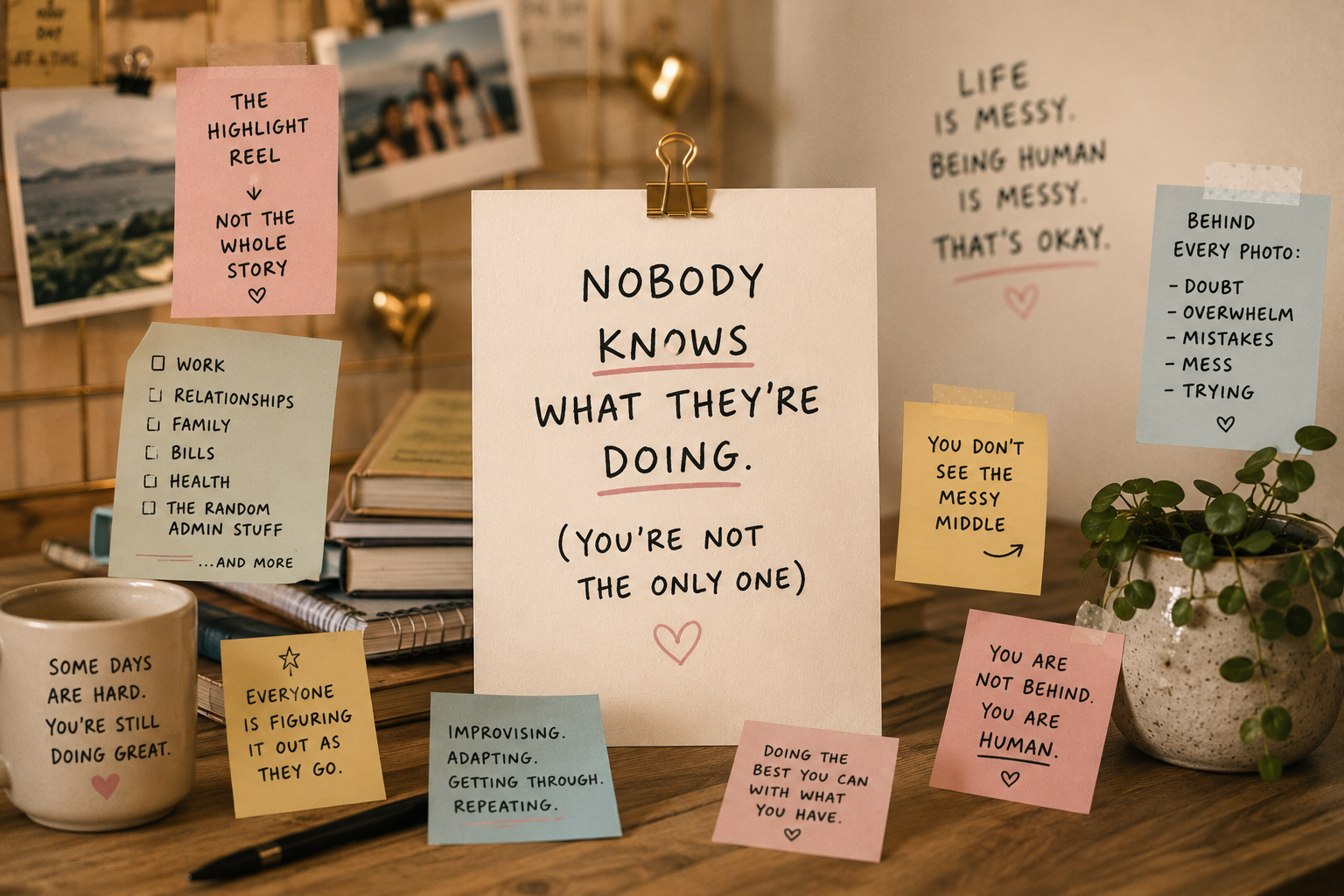 Illustration showing a desk covered with notes and reminders about stress, self-doubt, and the reality that nobody has life completely figured out.
